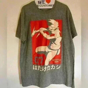 Rare! 2002 Naruto Shippuden Kakashi Textured Grey Graphic Crew Neck Tee Men's XL